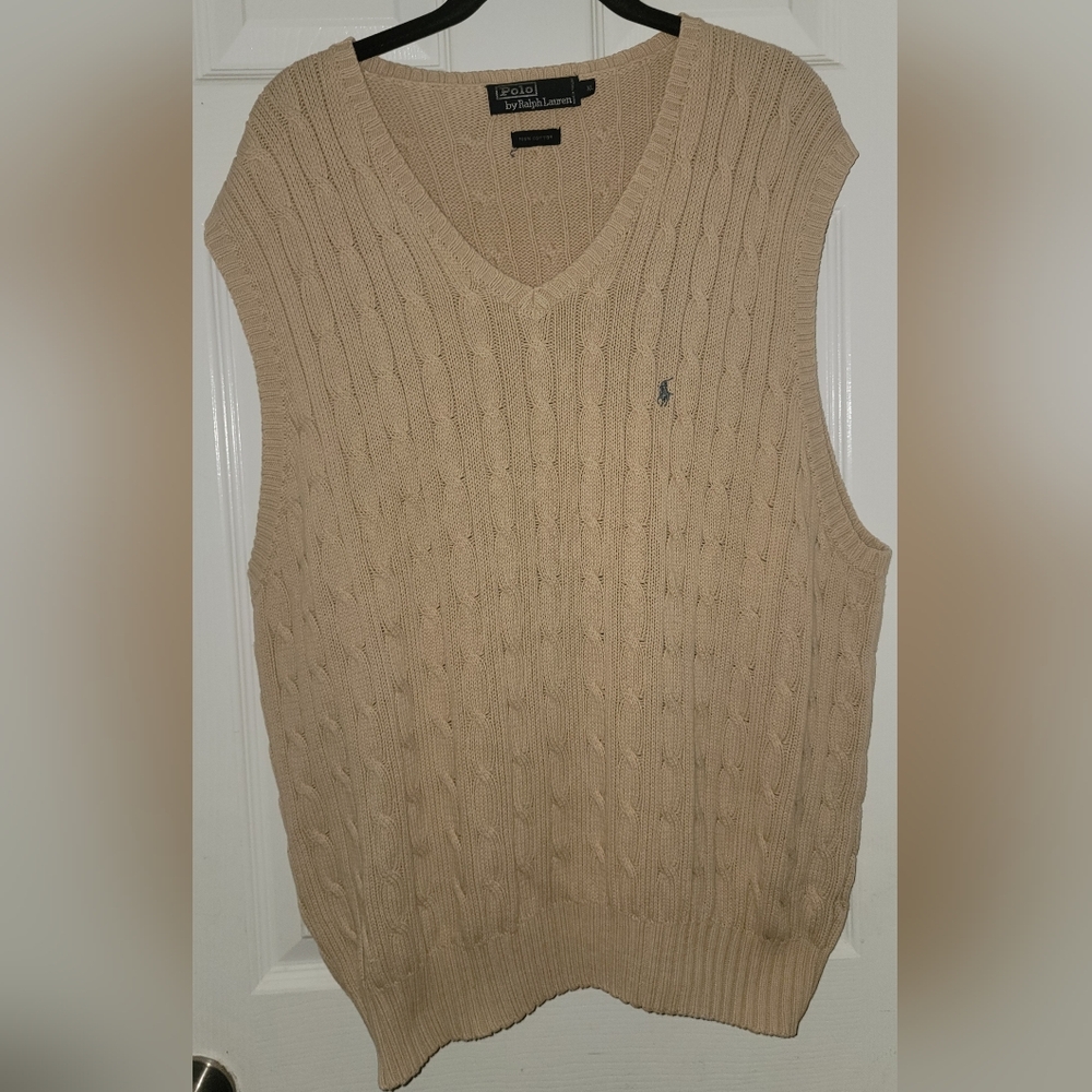 Polo Ralph Lauren Men XXL Sweater Vest Cable Knit Cotton V-Neck Cream